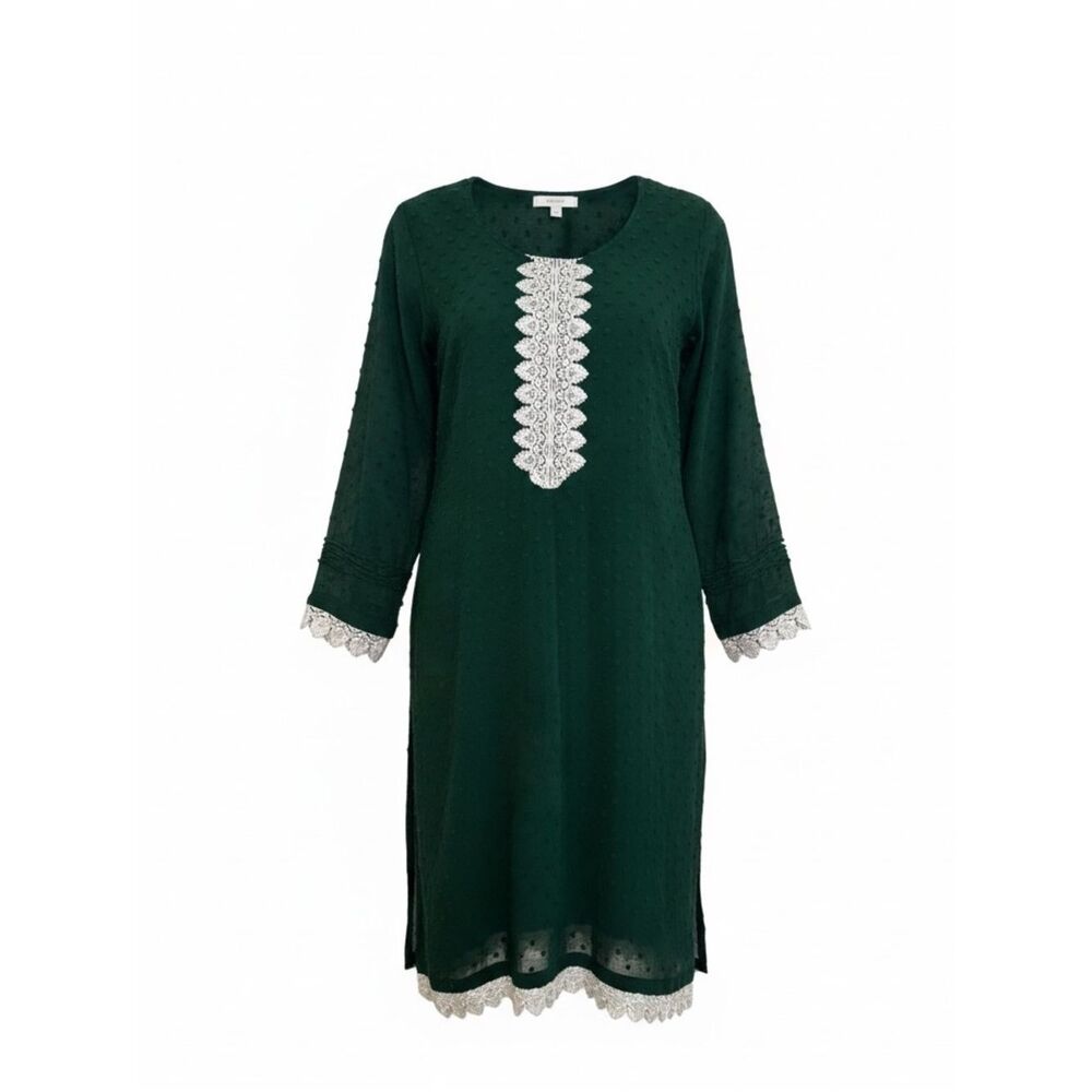 Moroccan Swiss Dot Long Sleeve Lace Trim Chiffon Kaftan Short Dress Green Small